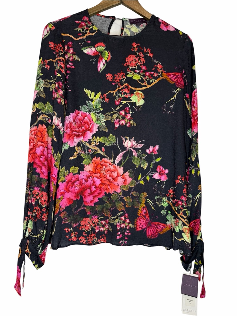 NWT Hale Bob Floral Butterfly Print Blouse size Medium Black Long Sleeve Top